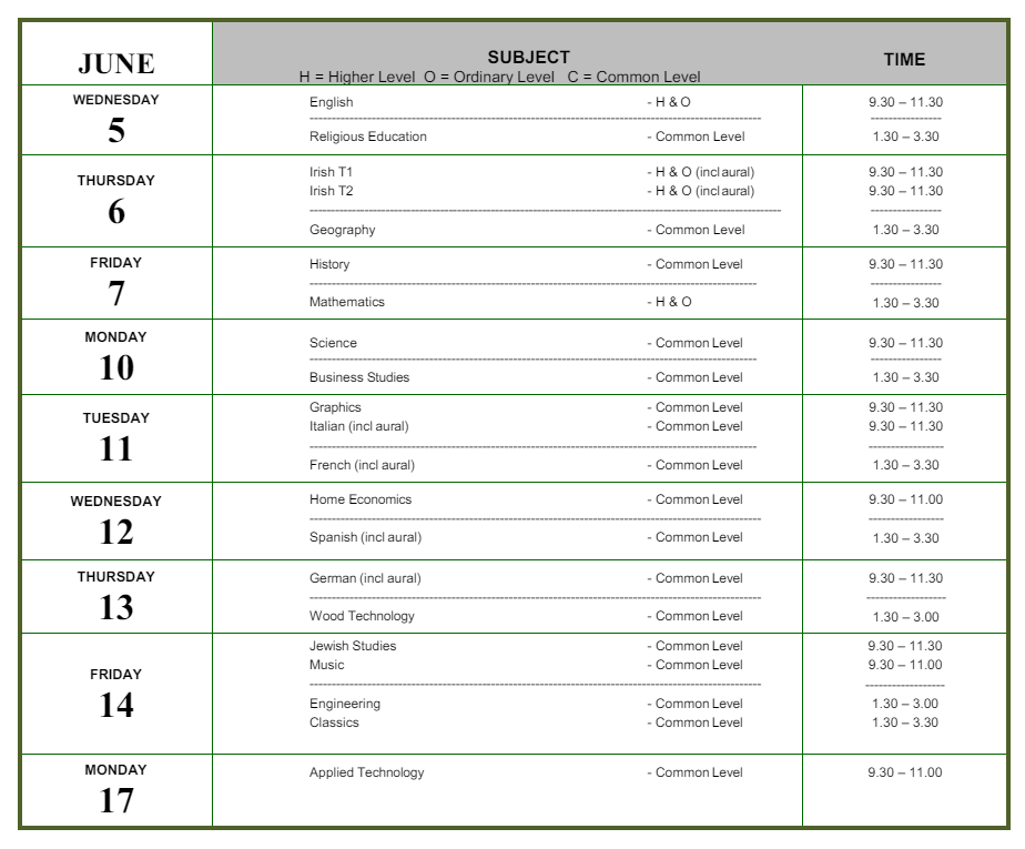 Junior Cert Timetable 2024