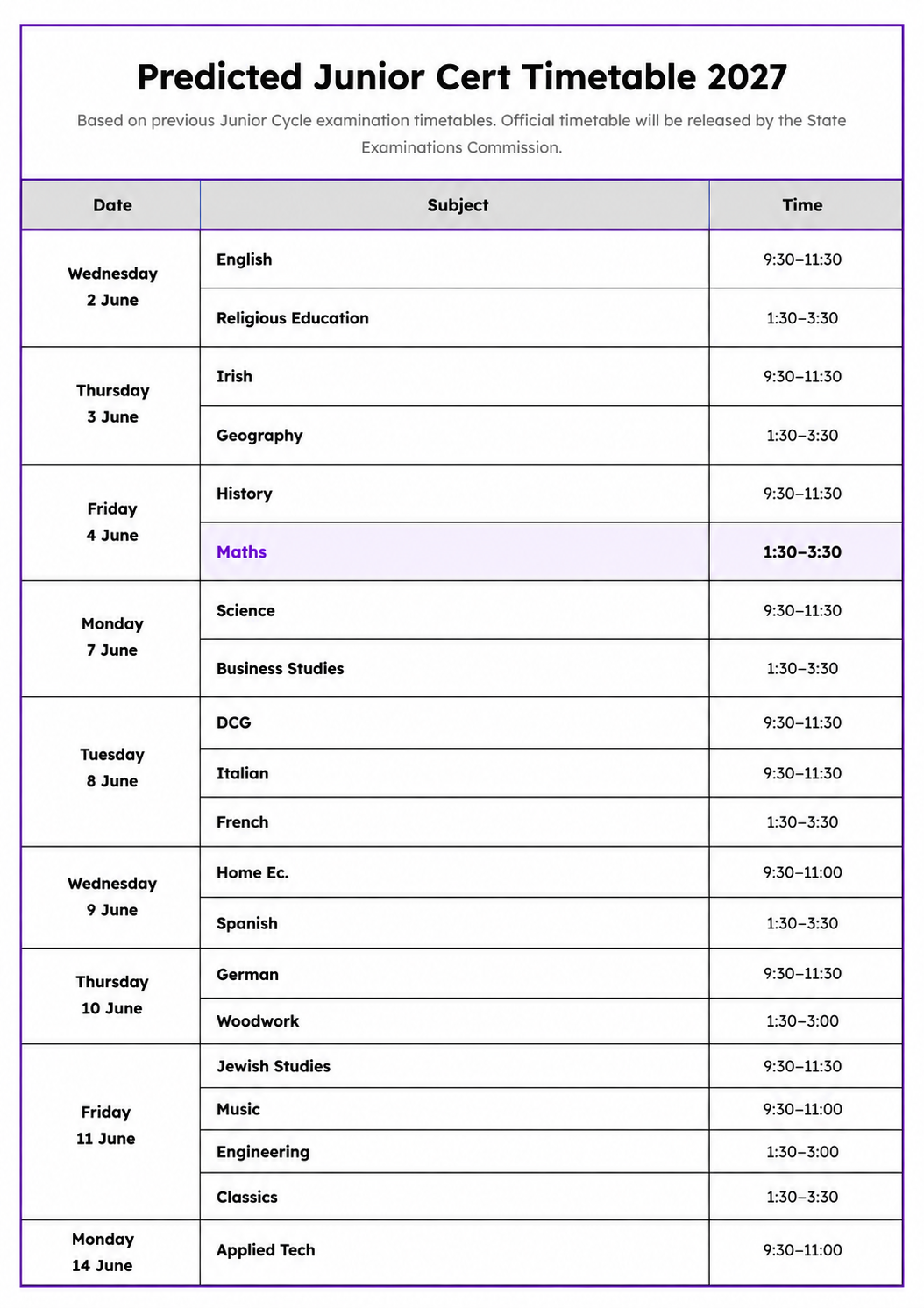 Junior Cert Timetable 2027