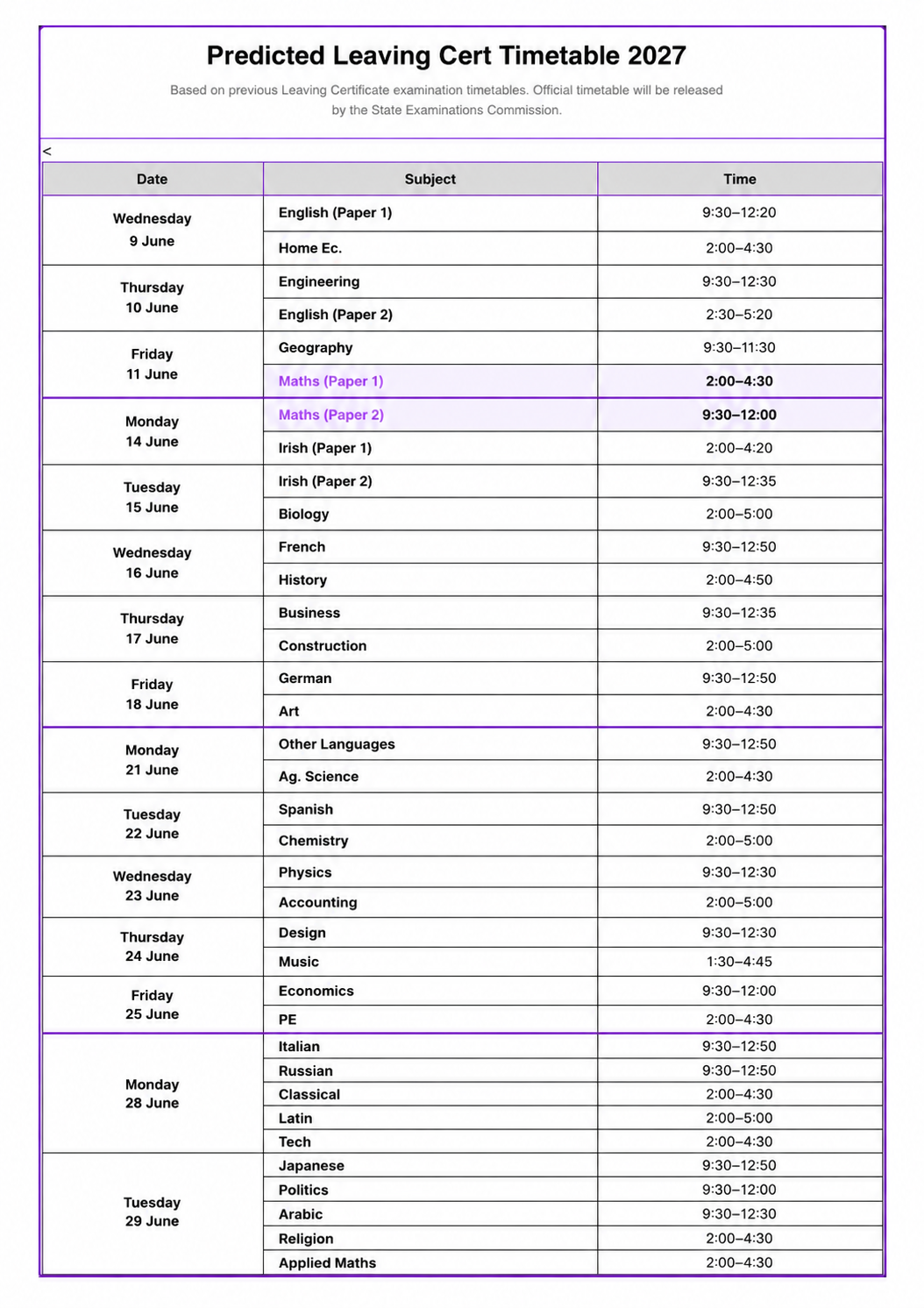 Leaving Cert Timetable 2027