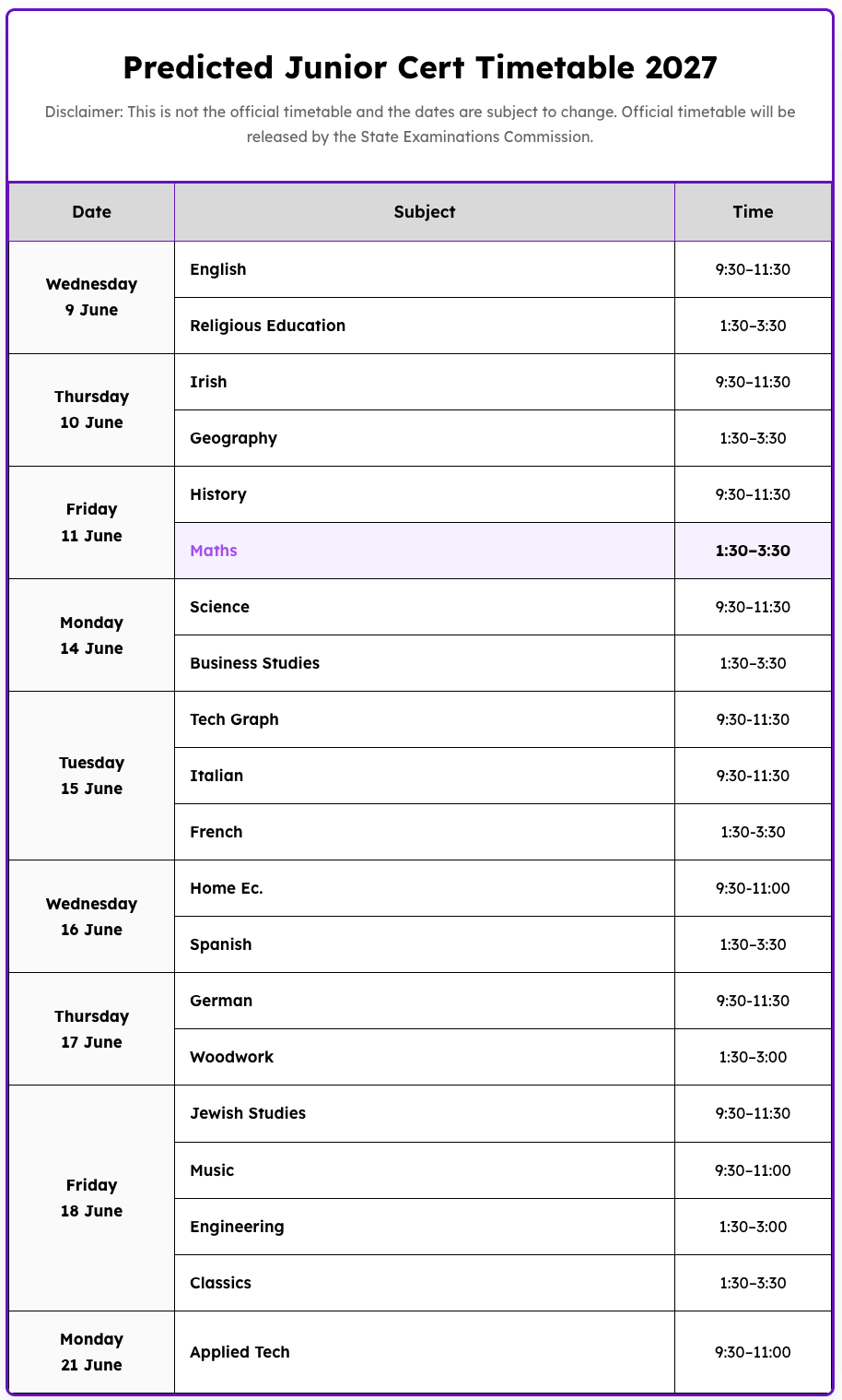 Junior Cert Timetable 2027
